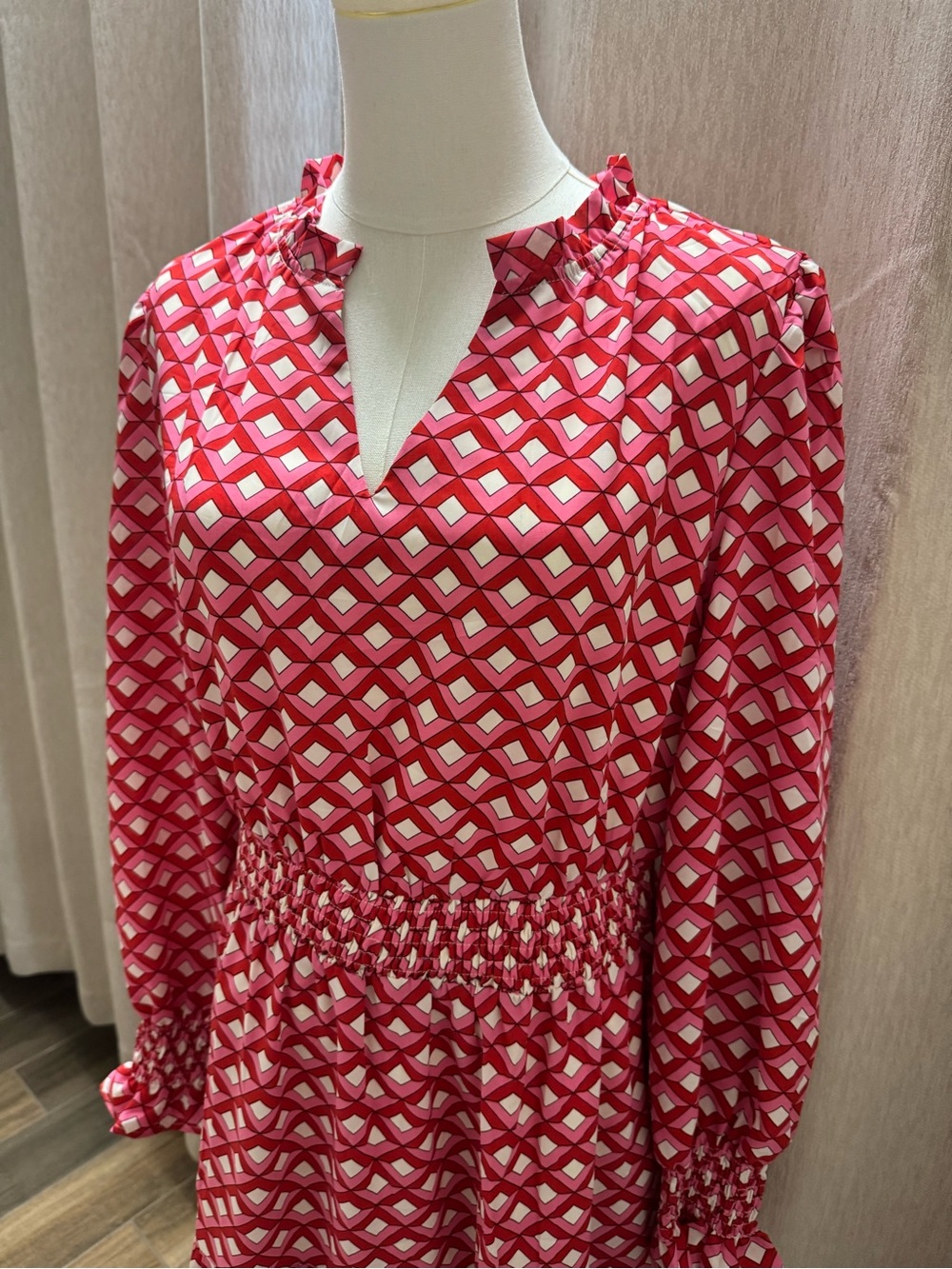 #62 Pretty Garden Pink Geometric V-Neck Long Sleeve Maxi Dress - Picture 5 of 8